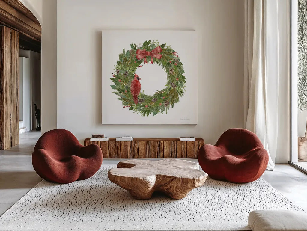 Woodland Wreath No Words IV by Sara Zieve Miller. Shown as extra-large giant wall art in a modern living room. Available as an archival giclee rolled canvas, fine art paper, or poster print. SKU 57216a.