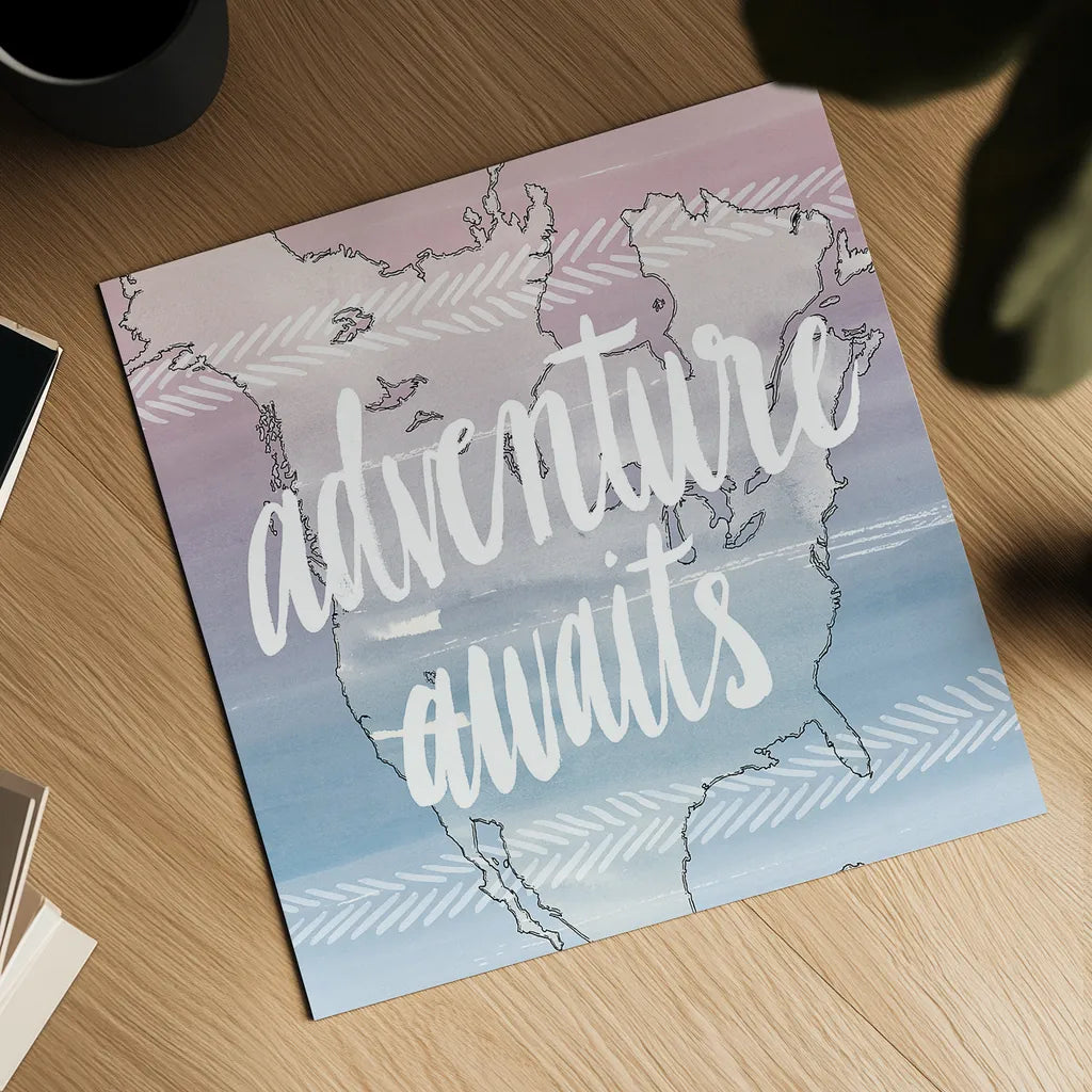 World Traveler  Adventure Awaits by Sara Zieve Miller. Shown as a detailed flat fine art print, highlighting archival giclee quality. Available as an archival giclee rolled canvas, fine art paper, or poster print. SKU 27427a.