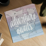 World Traveler  Adventure Awaits by Sara Zieve Miller. Shown as a detailed flat fine art print, highlighting archival giclee quality. Available as an archival giclee rolled canvas, fine art paper, or poster print. SKU 27427a.