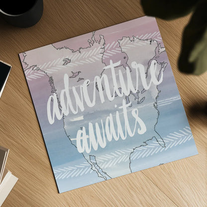 World Traveler  Adventure Awaits by Sara Zieve Miller. Shown as a detailed flat fine art print, highlighting archival giclee quality. Available as an archival giclee rolled canvas, fine art paper, or poster print. SKU 27427a.