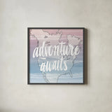 World Traveler  Adventure Awaits by Sara Zieve Miller. Shown in a sleek black glass frame for a contemporary gallery look. Available as an archival giclee rolled canvas, fine art paper, or poster print. SKU 27427a.