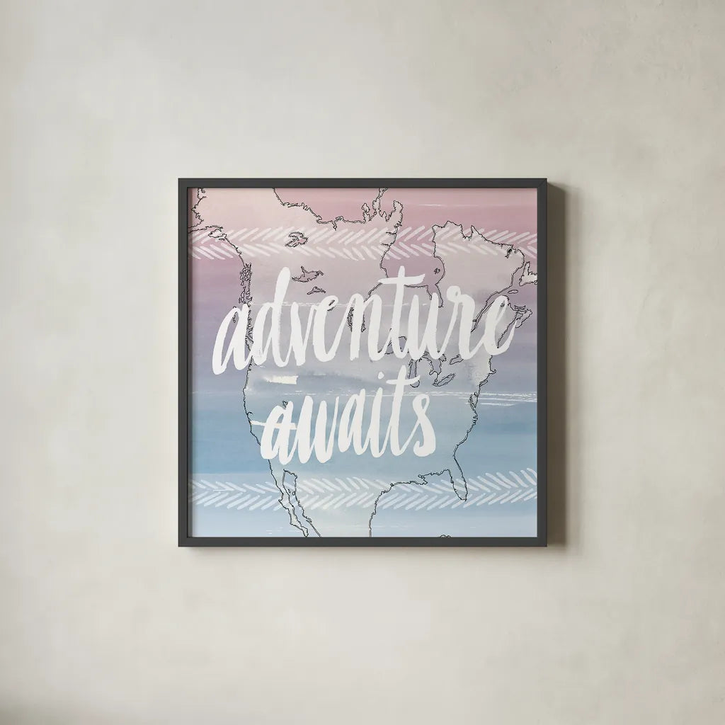 World Traveler  Adventure Awaits by Sara Zieve Miller. Shown in a sleek black glass frame for a contemporary gallery look. Available as an archival giclee rolled canvas, fine art paper, or poster print. SKU 27427a.