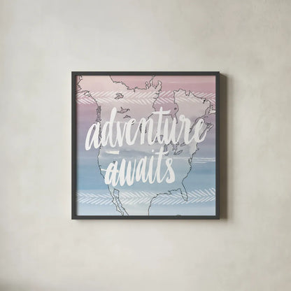 World Traveler  Adventure Awaits by Sara Zieve Miller. Shown in a sleek black glass frame for a contemporary gallery look. Available as an archival giclee rolled canvas, fine art paper, or poster print. SKU 27427a.