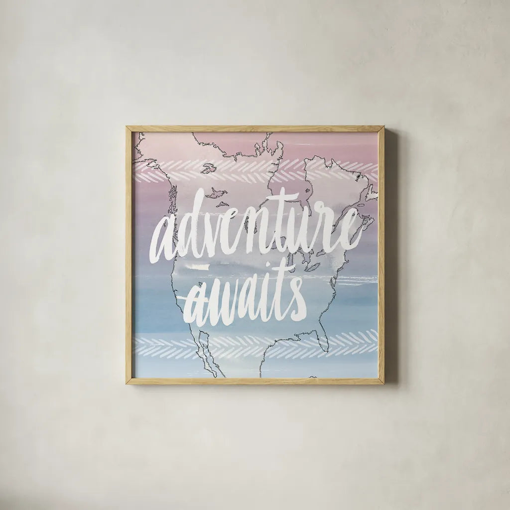 World Traveler  Adventure Awaits by Sara Zieve Miller. Shown in a natural wood glass frame for a timeless modern aesthetic. Available as an archival giclee rolled canvas, fine art paper, or poster print. SKU 27427a.
