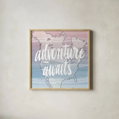 World Traveler  Adventure Awaits by Sara Zieve Miller. Shown in a natural wood glass frame for a timeless modern aesthetic. Available as an archival giclee rolled canvas, fine art paper, or poster print. SKU 27427a.