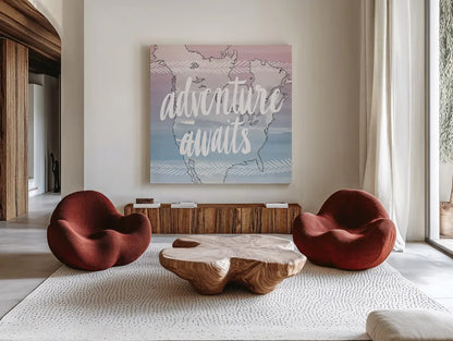 World Traveler  Adventure Awaits by Sara Zieve Miller. Shown as extra-large giant wall art in a modern living room. Available as an archival giclee rolled canvas, fine art paper, or poster print. SKU 27427a.