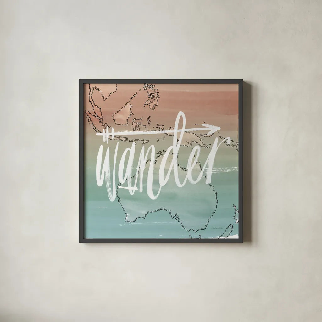 World Traveler I Neutral by Sara Zieve Miller. Shown in a sleek black glass frame for a contemporary gallery look. Available as an archival giclee rolled canvas, fine art paper, or poster print. SKU 75050a.