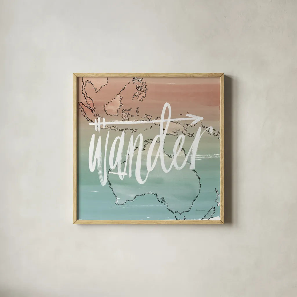World Traveler I Neutral by Sara Zieve Miller. Shown in a natural wood glass frame for a timeless modern aesthetic. Available as an archival giclee rolled canvas, fine art paper, or poster print. SKU 75050a.
