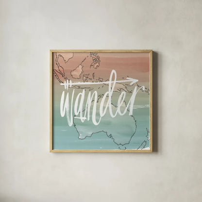 World Traveler I Neutral by Sara Zieve Miller. Shown in a natural wood glass frame for a timeless modern aesthetic. Available as an archival giclee rolled canvas, fine art paper, or poster print. SKU 75050a.