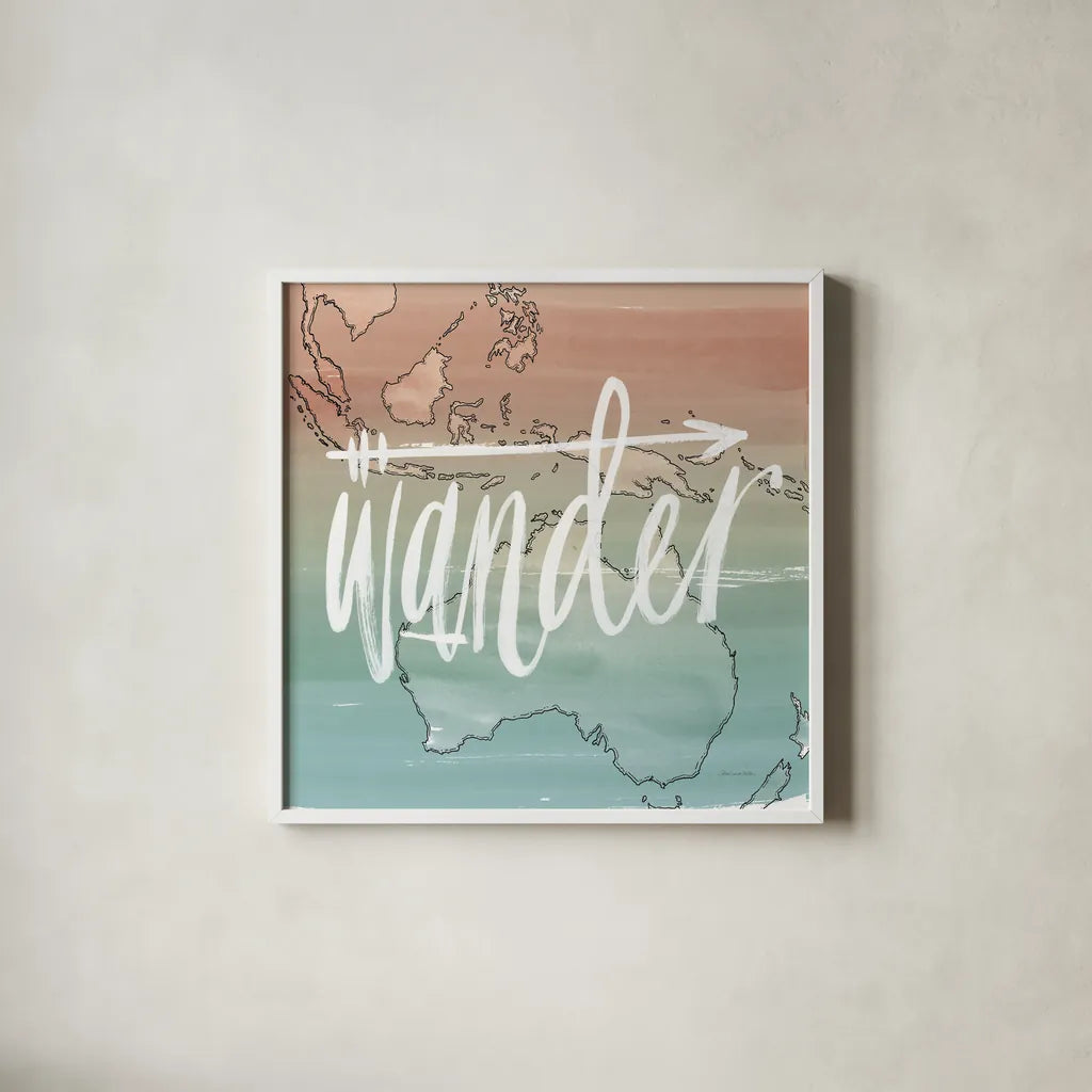 World Traveler I Neutral by Sara Zieve Miller. Shown in a crisp white glass frame for a clean and minimalist style. Available as an archival giclee rolled canvas, fine art paper, or poster print. SKU 75050a.