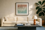 World Traveler I Neutral by Sara Zieve Miller. Displayed in a glass frame with matte in a clean modern living room. Available as an archival giclee rolled canvas, fine art paper, or poster print. SKU 75050a.