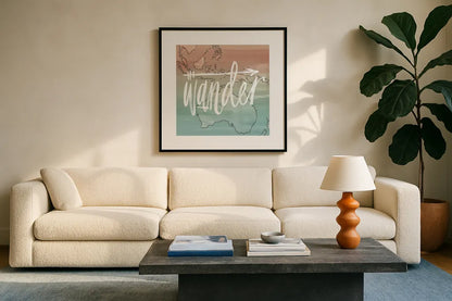 World Traveler I Neutral by Sara Zieve Miller. Displayed in a glass frame with matte in a clean modern living room. Available as an archival giclee rolled canvas, fine art paper, or poster print. SKU 75050a.