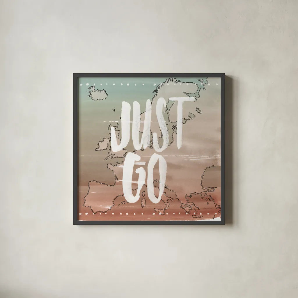 World Traveler II Neutral by Sara Zieve Miller. Shown in a sleek black glass frame for a contemporary gallery look. Available as an archival giclee rolled canvas, fine art paper, or poster print. SKU 75051a.