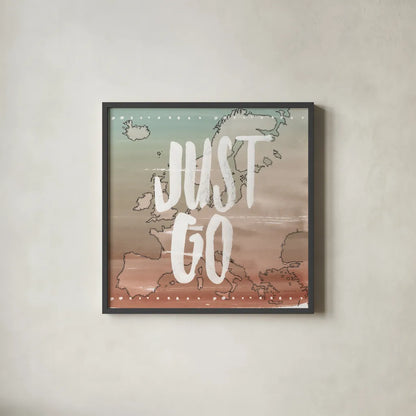 World Traveler II Neutral by Sara Zieve Miller. Shown in a sleek black glass frame for a contemporary gallery look. Available as an archival giclee rolled canvas, fine art paper, or poster print. SKU 75051a.