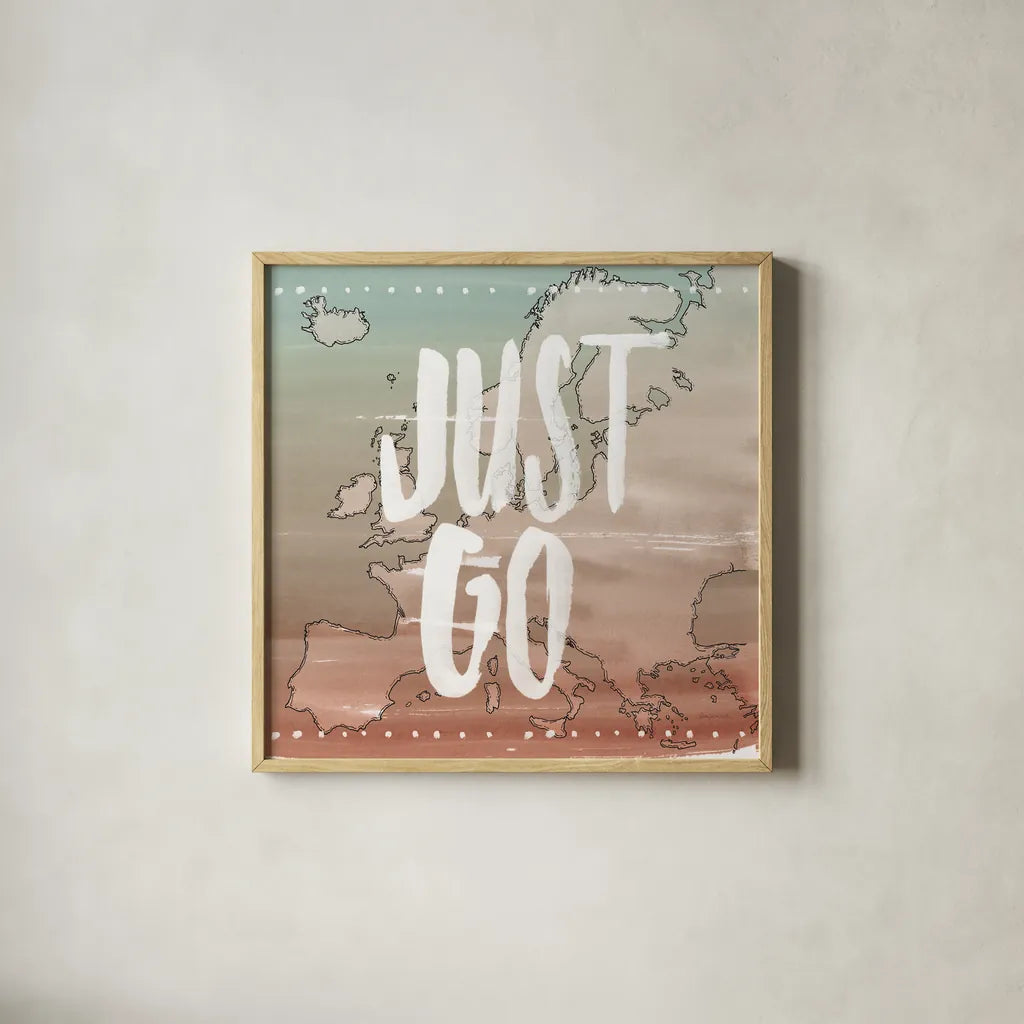 World Traveler II Neutral by Sara Zieve Miller. Shown in a natural wood glass frame for a timeless modern aesthetic. Available as an archival giclee rolled canvas, fine art paper, or poster print. SKU 75051a.