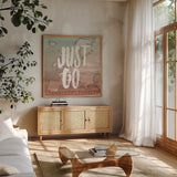 World Traveler II Neutral by Sara Zieve Miller. Shown in a natural wood frame in a cozy modern living room. Available as an archival giclee rolled canvas, fine art paper, or poster print. SKU 75051a.