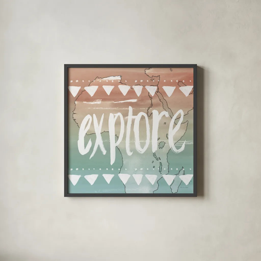 World Traveler III Neutral by Sara Zieve Miller. Shown in a sleek black glass frame for a contemporary gallery look. Available as an archival giclee rolled canvas, fine art paper, or poster print. SKU 75052a.