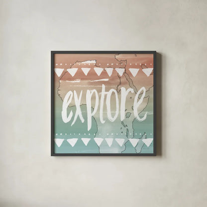 World Traveler III Neutral by Sara Zieve Miller. Shown in a sleek black glass frame for a contemporary gallery look. Available as an archival giclee rolled canvas, fine art paper, or poster print. SKU 75052a.