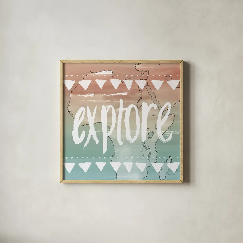 World Traveler III Neutral by Sara Zieve Miller. Shown in a natural wood glass frame for a timeless modern aesthetic. Available as an archival giclee rolled canvas, fine art paper, or poster print. SKU 75052a.