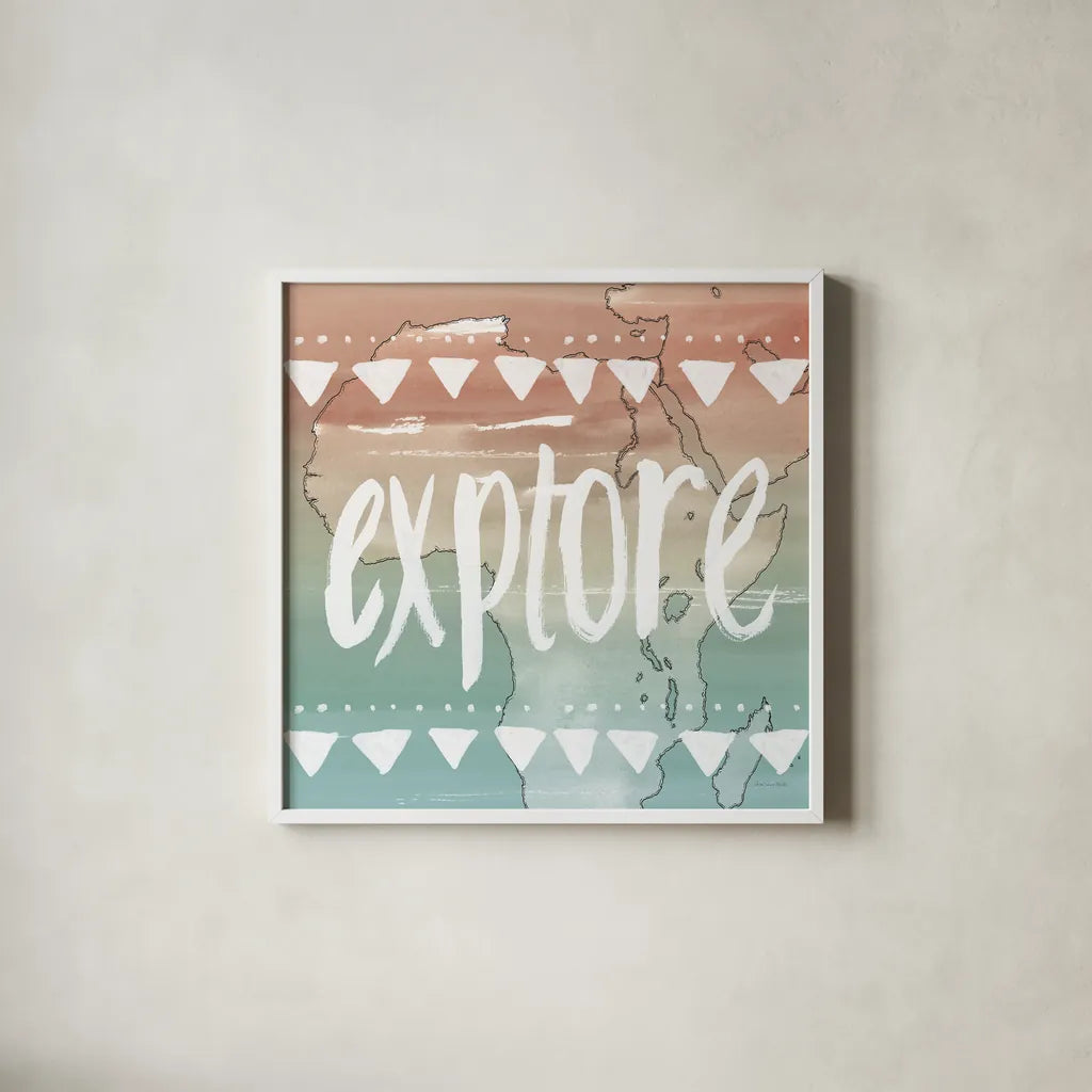 World Traveler III Neutral by Sara Zieve Miller. Shown in a crisp white glass frame for a clean and minimalist style. Available as an archival giclee rolled canvas, fine art paper, or poster print. SKU 75052a.