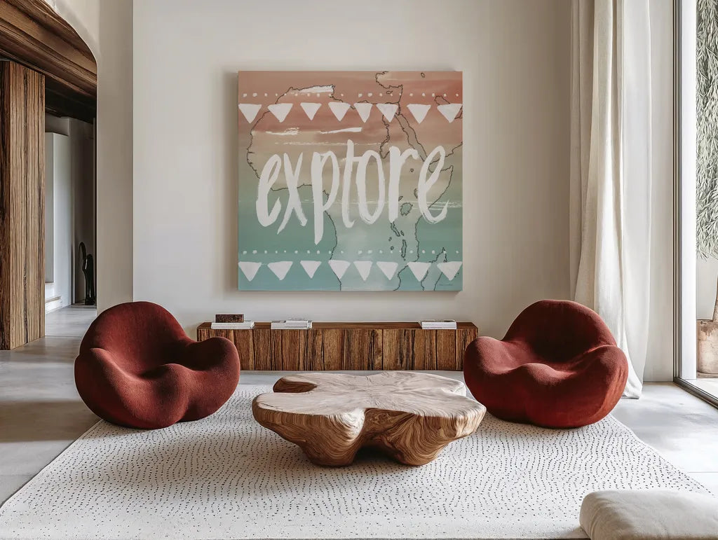 World Traveler III Neutral by Sara Zieve Miller. Shown as extra-large giant wall art in a modern living room. Available as an archival giclee rolled canvas, fine art paper, or poster print. SKU 75052a.