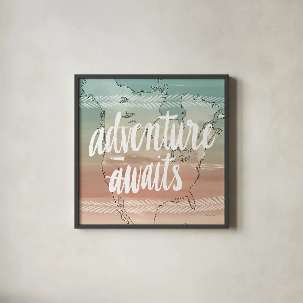 World Traveler IV Neutral by Sara Zieve Miller. Shown in a sleek black glass frame for a contemporary gallery look. Available as an archival giclee rolled canvas, fine art paper, or poster print. SKU 75053a.