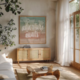 World Traveler IV Neutral by Sara Zieve Miller. Shown in a natural wood frame in a cozy modern living room. Available as an archival giclee rolled canvas, fine art paper, or poster print. SKU 75053a.
