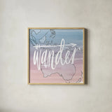 World Traveler Wander by Sara Zieve Miller. Shown in a natural wood glass frame for a timeless modern aesthetic. Available as an archival giclee rolled canvas, fine art paper, or poster print. SKU 27424a.