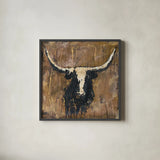 Abstract Bull v2 by Sarah Adams. Shown in a sleek black glass frame for a contemporary gallery look. Available as an archival giclee rolled canvas, fine art paper, or poster print. SKU 101489a.