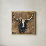 Abstract Bull v2 by Sarah Adams. Shown in a natural wood glass frame for a timeless modern aesthetic. Available as an archival giclee rolled canvas, fine art paper, or poster print. SKU 101489a.