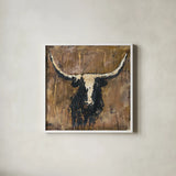 Abstract Bull v2 by Sarah Adams. Shown in a crisp white glass frame for a clean and minimalist style. Available as an archival giclee rolled canvas, fine art paper, or poster print. SKU 101489a.