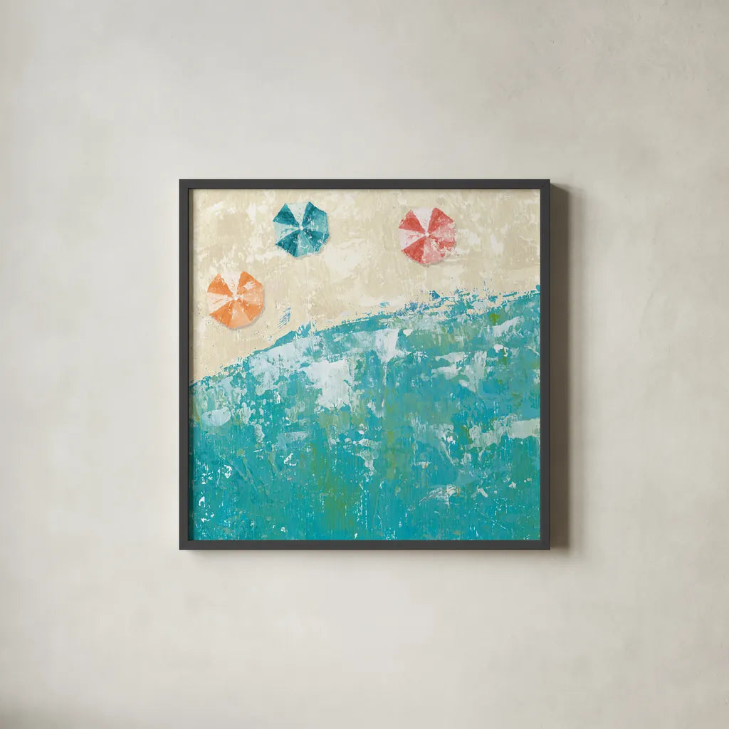 Beach Days by Sarah Adams. Shown in a sleek black glass frame for a contemporary gallery look. Available as an archival giclee rolled canvas, fine art paper, or poster print. SKU 34983a.
