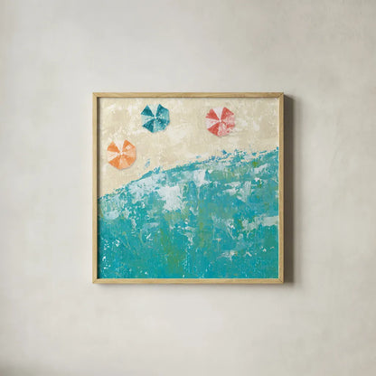 Beach Days by Sarah Adams. Shown in a natural wood glass frame for a timeless modern aesthetic. Available as an archival giclee rolled canvas, fine art paper, or poster print. SKU 34983a.