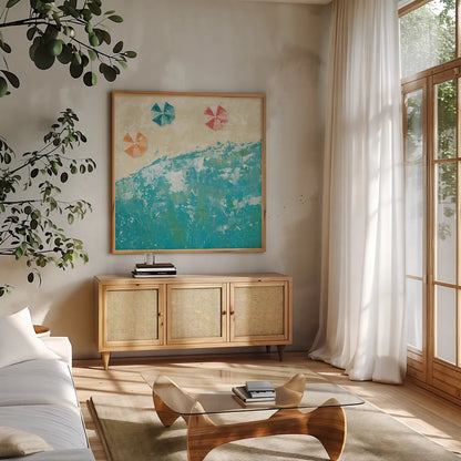 Beach Days by Sarah Adams. Shown in a natural wood frame in a cozy modern living room. Available as an archival giclee rolled canvas, fine art paper, or poster print. SKU 34983a.