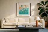Beach Days by Sarah Adams. Displayed in a glass frame with matte in a clean modern living room. Available as an archival giclee rolled canvas, fine art paper, or poster print. SKU 34983a.