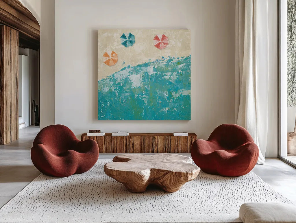 Beach Days by Sarah Adams. Shown as extra-large giant wall art in a modern living room. Available as an archival giclee rolled canvas, fine art paper, or poster print. SKU 34983a.