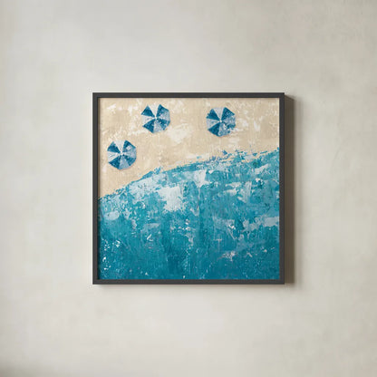 Beach Days Blue by Sarah Adams. Shown in a sleek black glass frame for a contemporary gallery look. Available as an archival giclee rolled canvas, fine art paper, or poster print. SKU 59565a.