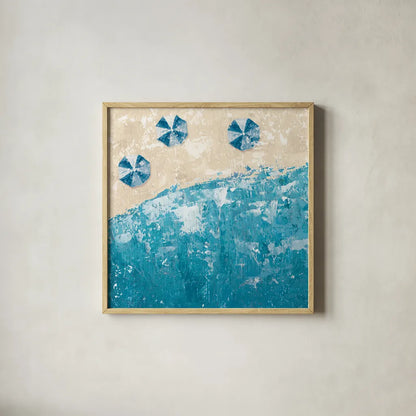 Beach Days Blue by Sarah Adams. Shown in a natural wood glass frame for a timeless modern aesthetic. Available as an archival giclee rolled canvas, fine art paper, or poster print. SKU 59565a.