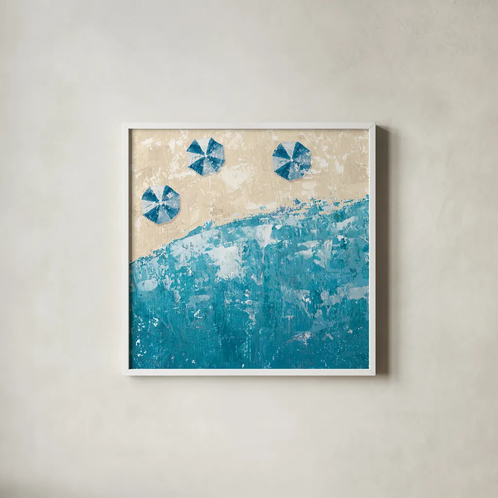Beach Days Blue by Sarah Adams. Shown in a crisp white glass frame for a clean and minimalist style. Available as an archival giclee rolled canvas, fine art paper, or poster print. SKU 59565a.