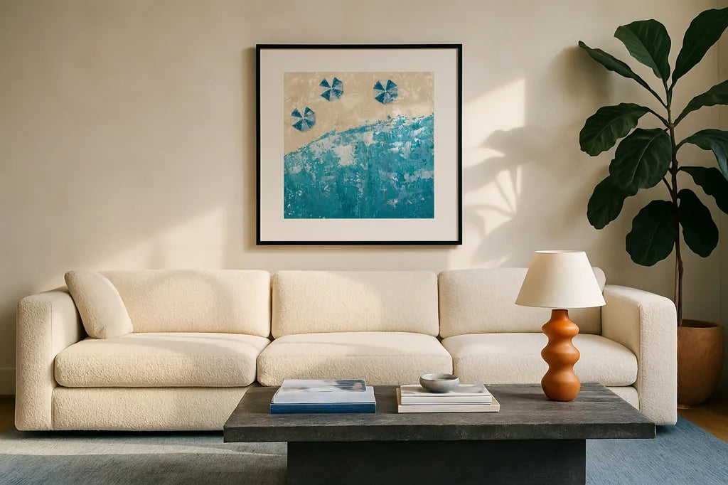 Beach Days Blue by Sarah Adams. Displayed in a glass frame with matte in a clean modern living room. Available as an archival giclee rolled canvas, fine art paper, or poster print. SKU 59565a.