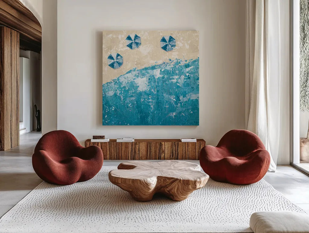 Beach Days Blue by Sarah Adams. Shown as extra-large giant wall art in a modern living room. Available as an archival giclee rolled canvas, fine art paper, or poster print. SKU 59565a.