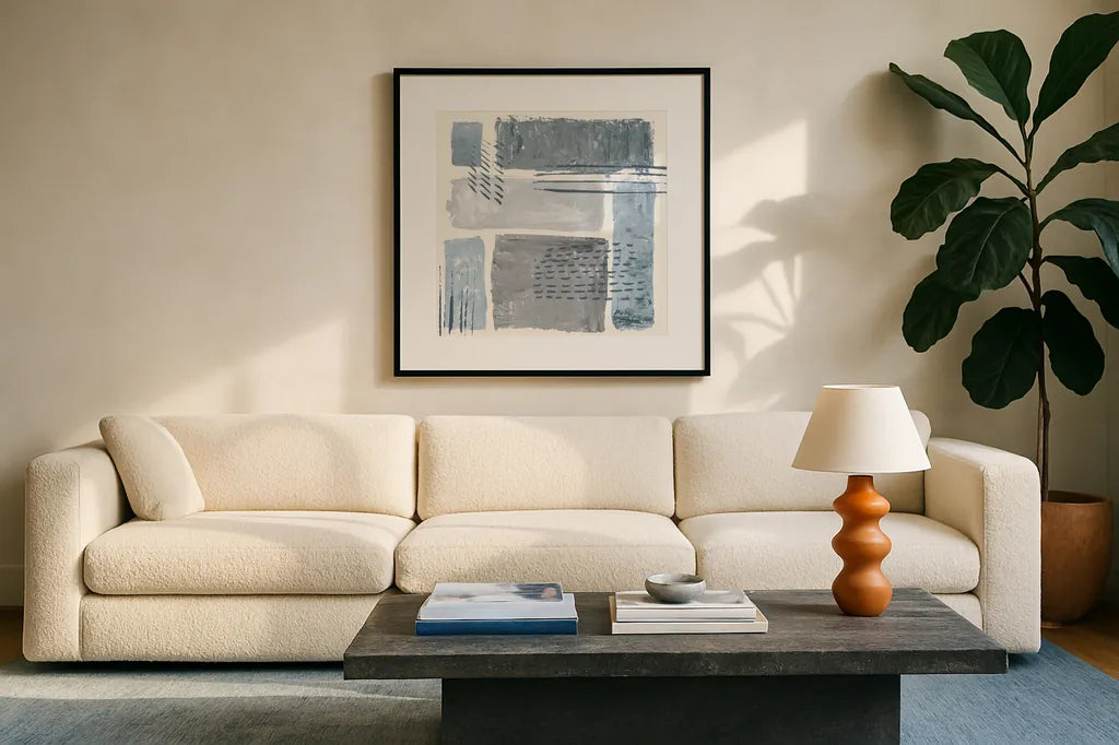 Between the Lines II by Sarah Adams. Displayed in a glass frame with matte in a clean modern living room. Available as an archival giclee rolled canvas, fine art paper, or poster print. SKU 34398a.