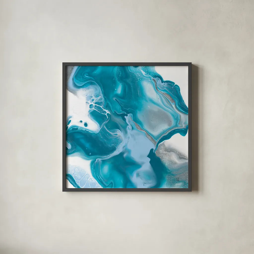 Blue Lagoon I by Sarah Adams. Shown in a sleek black glass frame for a contemporary gallery look. Available as an archival giclee rolled canvas, fine art paper, or poster print. SKU 90496a.