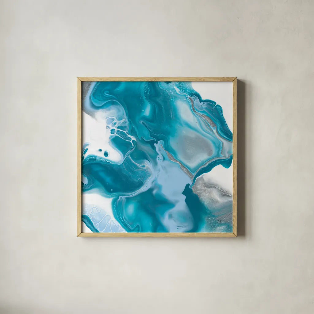 Blue Lagoon I by Sarah Adams. Shown in a natural wood glass frame for a timeless modern aesthetic. Available as an archival giclee rolled canvas, fine art paper, or poster print. SKU 90496a.