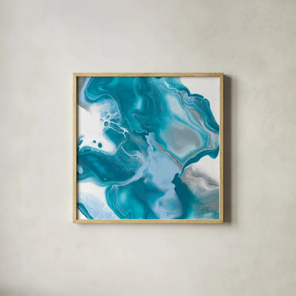 Blue Lagoon I by Sarah Adams. Shown in a natural wood glass frame for a timeless modern aesthetic. Available as an archival giclee rolled canvas, fine art paper, or poster print. SKU 90496a.
