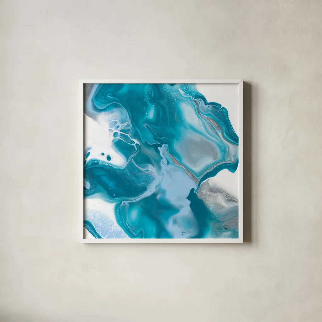 Blue Lagoon I by Sarah Adams. Shown in a crisp white glass frame for a clean and minimalist style. Available as an archival giclee rolled canvas, fine art paper, or poster print. SKU 90496a.
