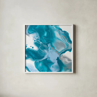 Blue Lagoon I by Sarah Adams. Shown in a crisp white glass frame for a clean and minimalist style. Available as an archival giclee rolled canvas, fine art paper, or poster print. SKU 90496a.