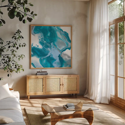 Blue Lagoon I by Sarah Adams. Shown in a natural wood frame in a cozy modern living room. Available as an archival giclee rolled canvas, fine art paper, or poster print. SKU 90496a.