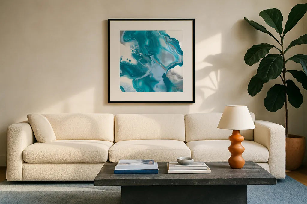 Blue Lagoon I by Sarah Adams. Displayed in a glass frame with matte in a clean modern living room. Available as an archival giclee rolled canvas, fine art paper, or poster print. SKU 90496a.