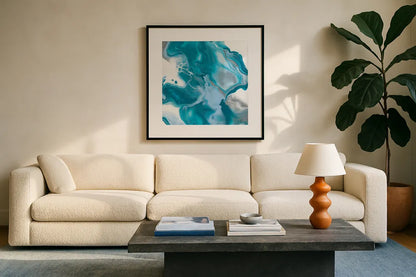 Blue Lagoon I by Sarah Adams. Displayed in a glass frame with matte in a clean modern living room. Available as an archival giclee rolled canvas, fine art paper, or poster print. SKU 90496a.